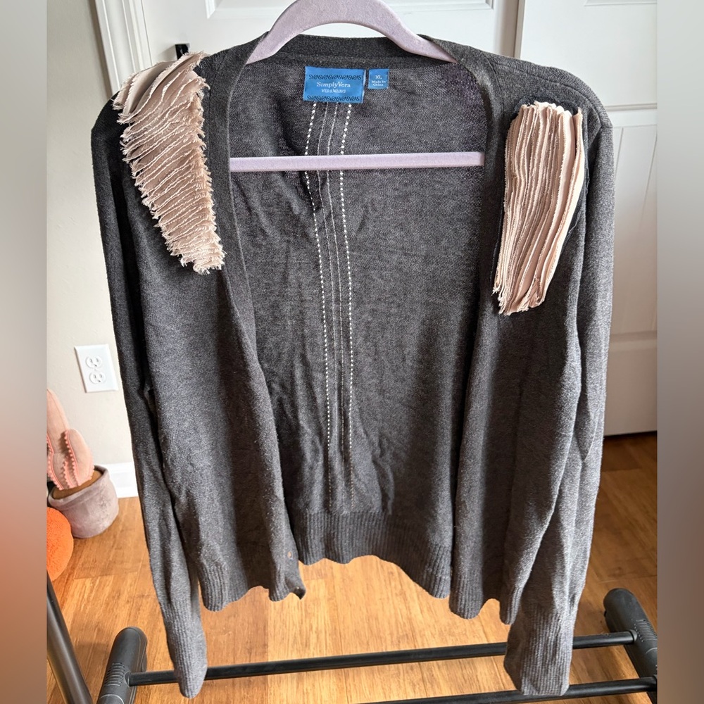 Vera Wang Charcoal Cardigan with Cream Details
